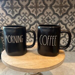 RAE DUNN-SET OF 2- Black Ceramic Coffee Mugs. One w/ “Morning” & One w/ “Coffee”